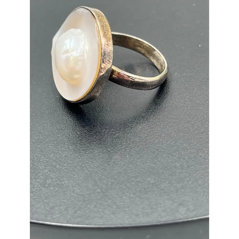 Sterling‎ Silver Natural White Blister Pearl Shell Round Ring 8.5